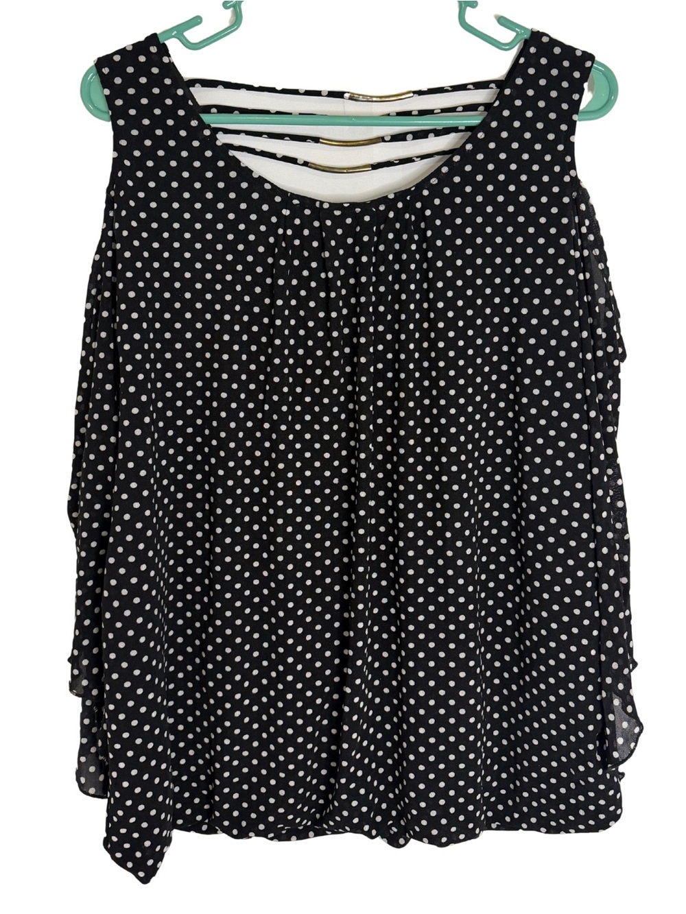 3/$20 Ember Womens Black Polka Dot Cold Shoulder 3/4 Sleeve Blouse